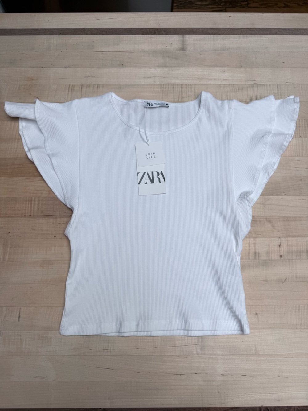 NWT Zara White Ribbed Ruffle T Shirt